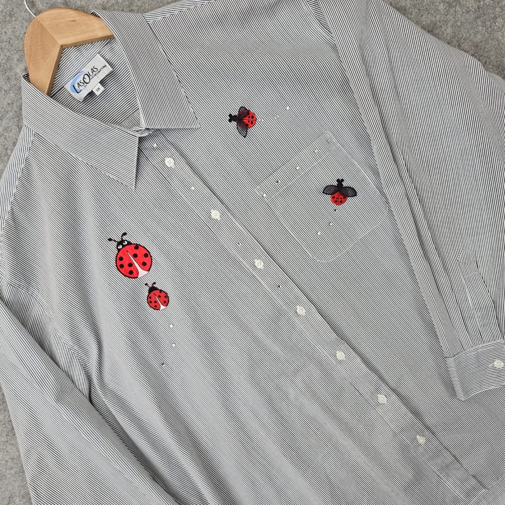 Las Olas Button Up Shirt Women's 1X White Black Striped Ladybug Rhinestone Funky